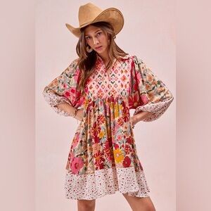Multicolor dolce la vita mixed media floral print maxi midi western boho dress